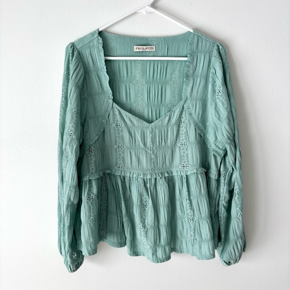 Frye & Co. Green Teal Eyelet Peplum Blouse Lace Floral Western Boho Flowy